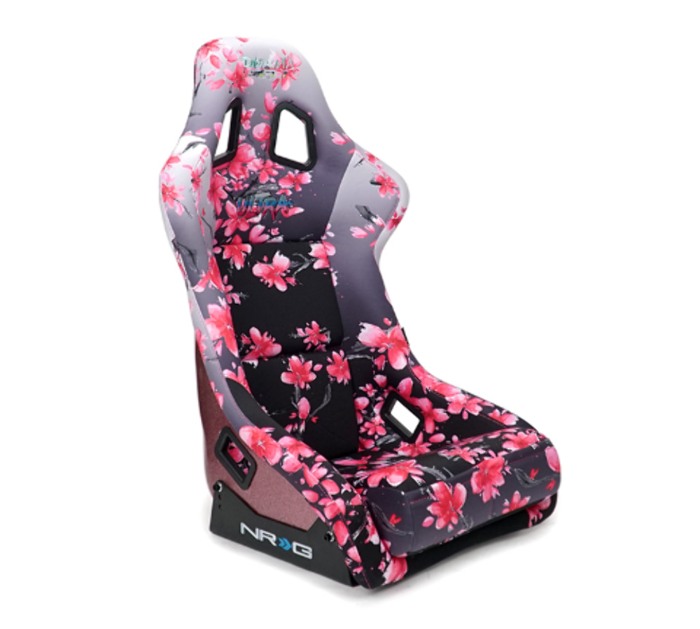 FRP Bucket Seat PRISMA- Japanese Cherry Blossom edition in vegan material with pink pearlized back plus phone pockets. (Large)