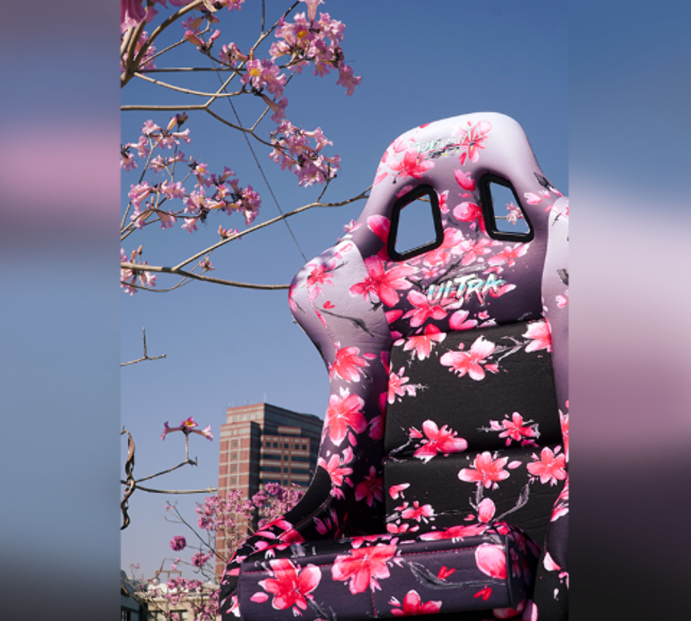FRP Bucket Seat PRISMA- Japanese Cherry Blossom edition in vegan material with pink pearlized back plus phone pockets. (Large)