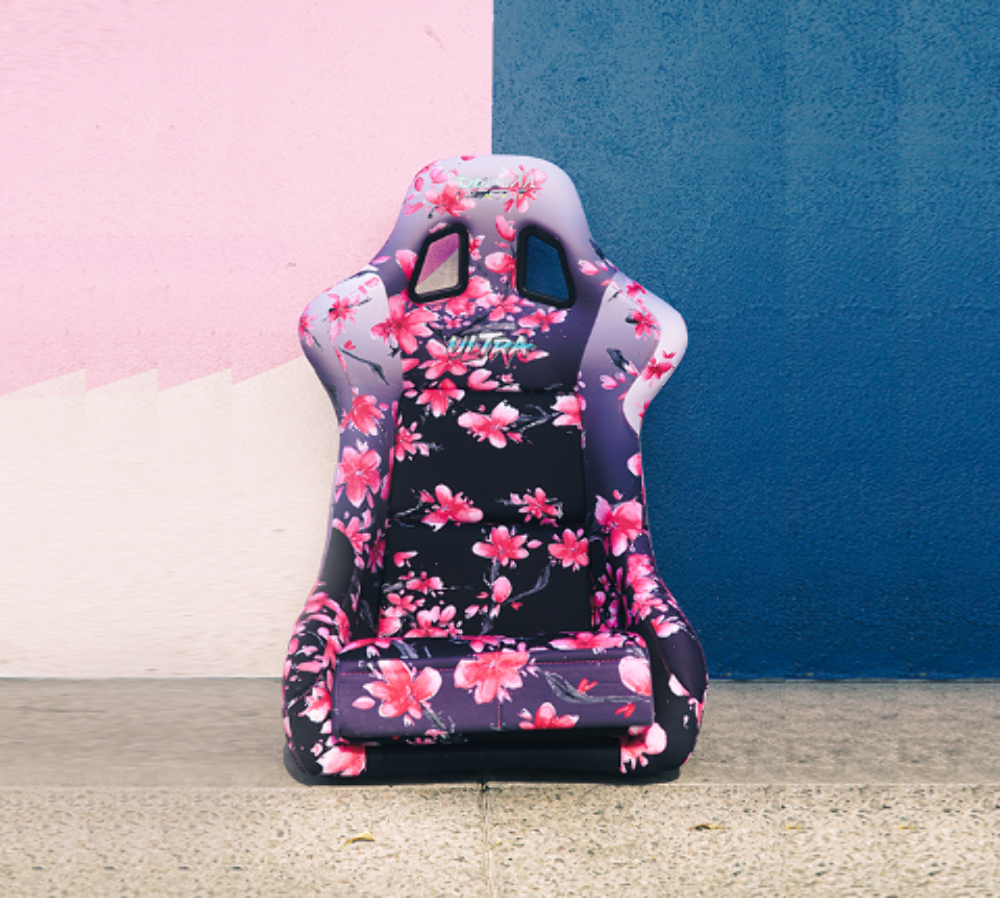 FRP Bucket Seat PRISMA- Japanese Cherry Blossom edition in vegan material with pink pearlized back plus phone pockets. (Large)