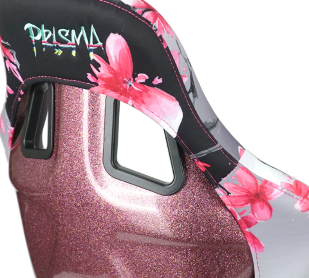 FRP Bucket Seat PRISMA- Japanese Cherry Blossom edition in vegan material with pink pearlized back plus phone pockets. (Large)