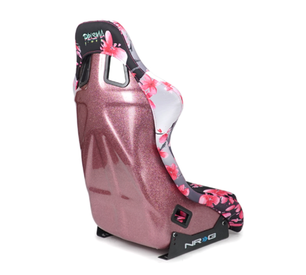 FRP Bucket Seat PRISMA- Japanese Cherry Blossom edition in vegan material with pink pearlized back plus phone pockets. (Large)