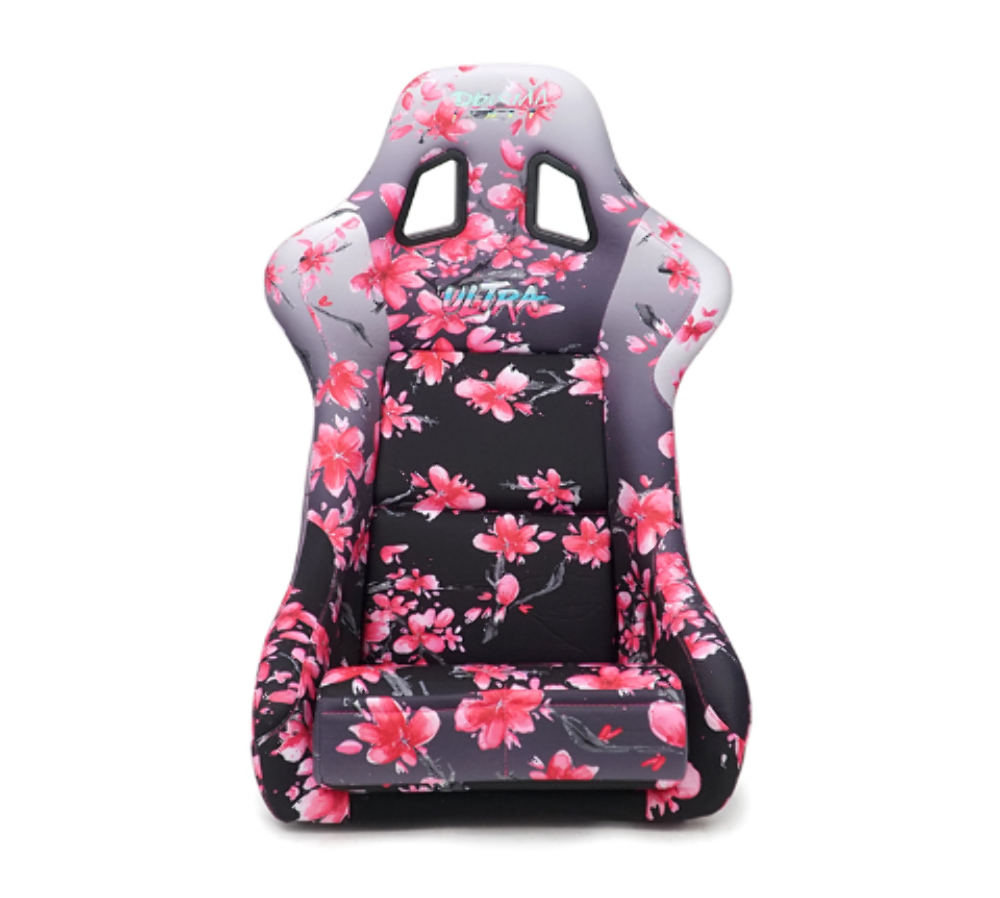 FRP Bucket Seat PRISMA- Japanese Cherry Blossom edition in vegan material with pink pearlized back plus phone pockets. (Large)