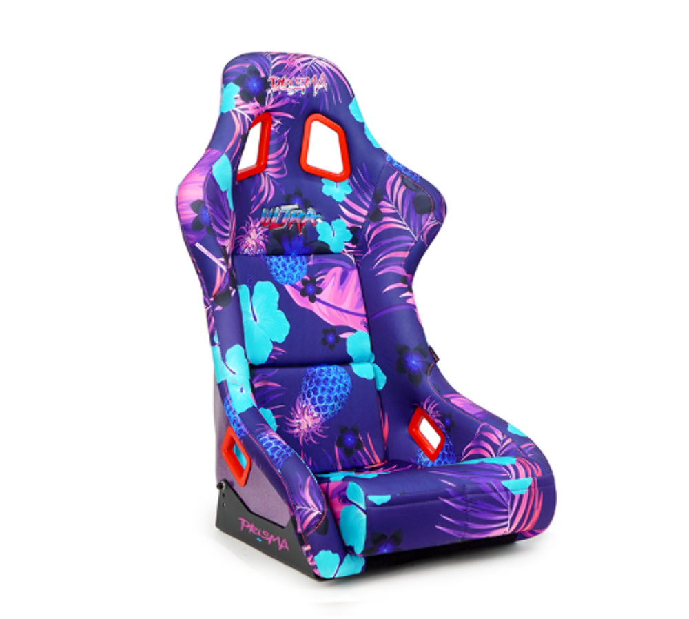 FRP Bucket Seat PRISMA- PINA Version with Purple pearlized back. Violet Tropical print finish in vegan material plus phone pockets. (Medium)