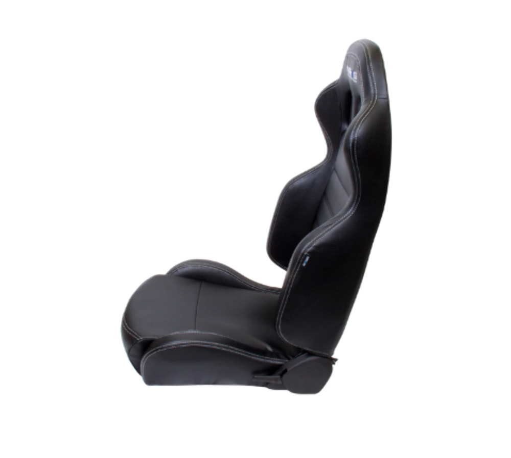 Reclinable Racing Seat, Black Leather, White Stitching w/ Logo