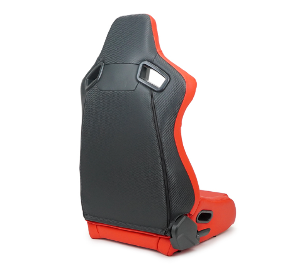 Omega Reclined Seat with large side support Red Vegan Leather with Black Carbon Vinyl Back with Embossed NRG logo( Price Showned in Pairs)