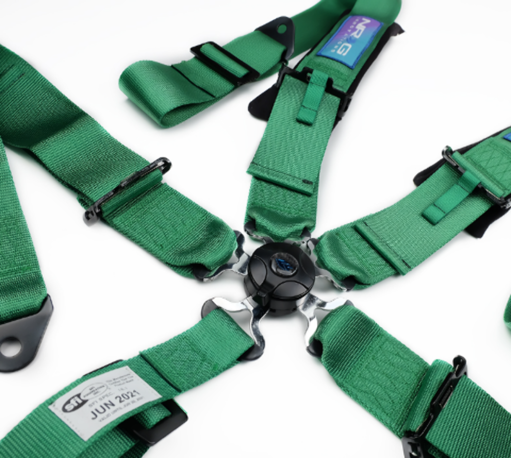 SFI 16.1 5pt 3 inch Seat Belt Harness with pads / Cam Lock - Green 06/21