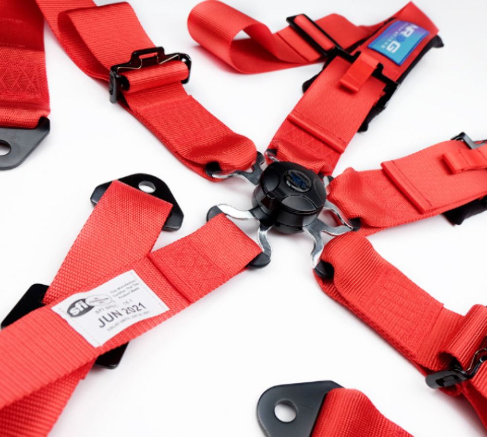 SFI 16.1 5pt 3 inch Seat Belt Harness with pads / Cam Lock - Red 06/21