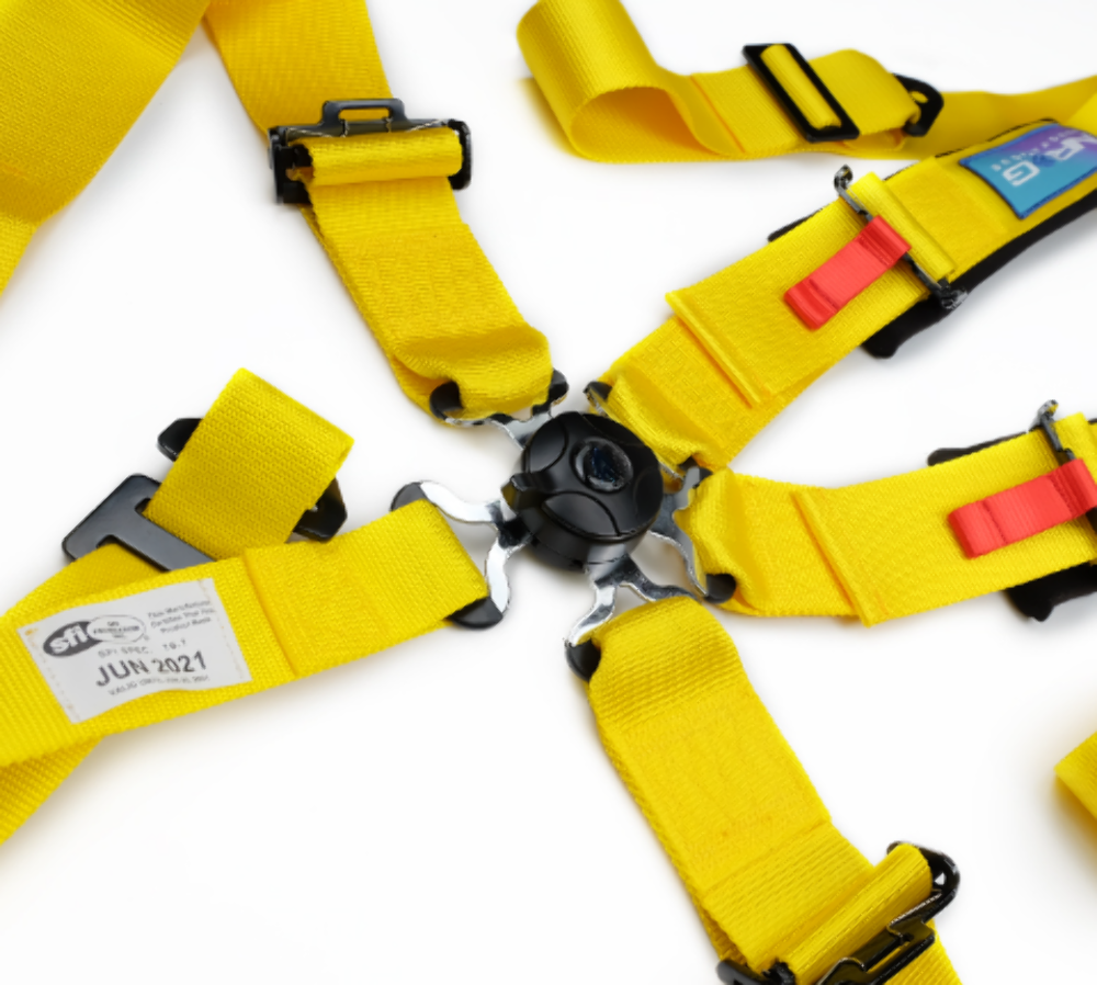 SFI 16.1 5pt 3 inch Seat Belt Harness with pads / Cam Lock - Yellow 12/22