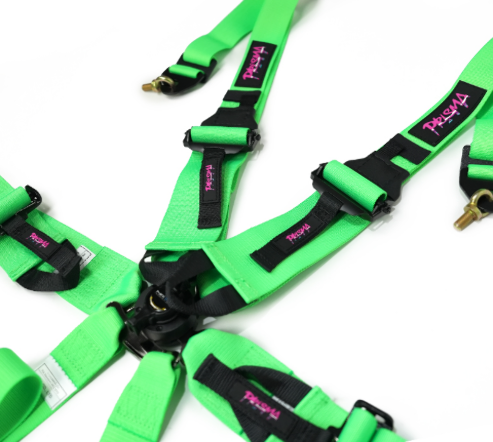 FIA Approved 6pt 2 inch Shoulder Belt for HANS device. Rotary Cam Lock Buckle, 3" Waist Belt and Crutch Belt - Neon Green w/ Prisma logo