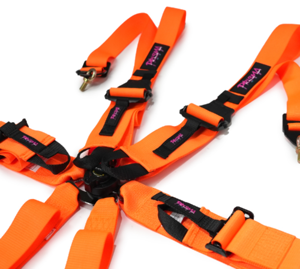 FIA Approved 6pt 2 inch Shoulder Belt for HANS device. Rotary Cam Lock Buckle, 3" Waist Belt and Crutch Belt - Neon Orange w/ Prisma logo