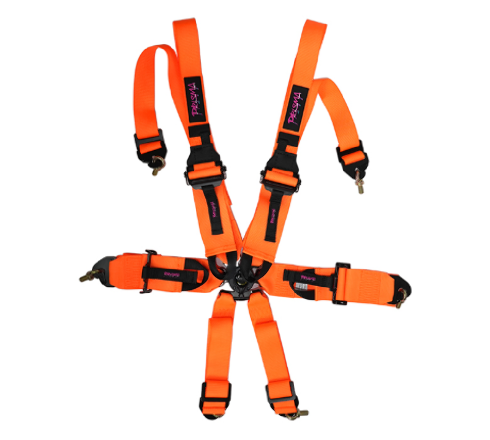 FIA Approved 6pt 2 inch Shoulder Belt for HANS device. Rotary Cam Lock Buckle, 3" Waist Belt and Crutch Belt - Neon Orange w/ Prisma logo