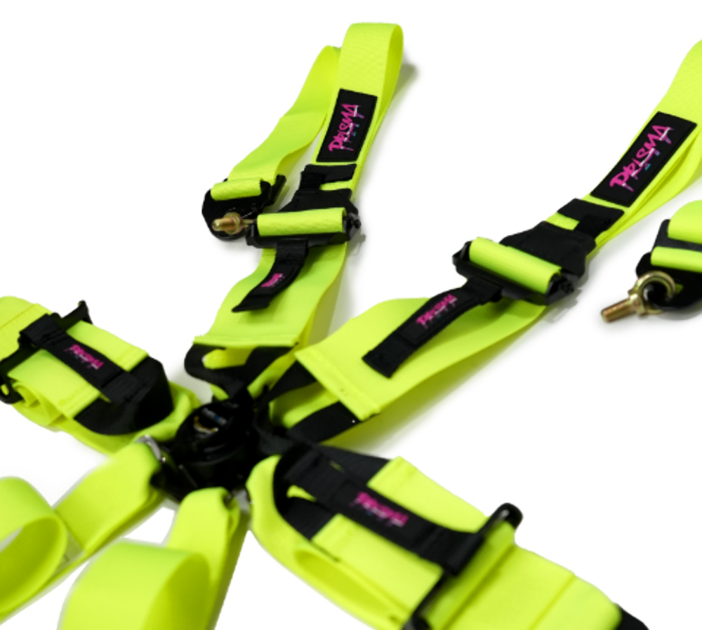 FIA Approved 6pt 2 inch Shoulder Belt for HANS device. Rotary Cam Lock Buckle, 3" Waist Belt and Crutch Belt - Neon Yellow w/ Prisma logo