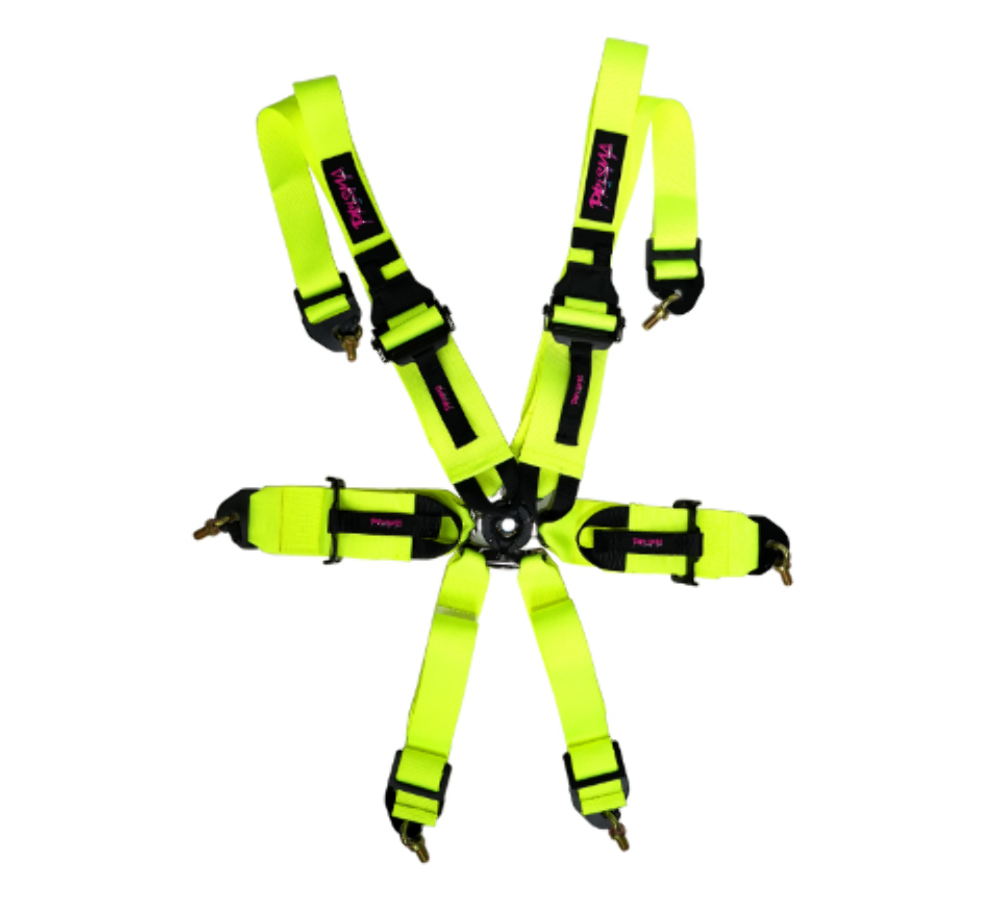 FIA Approved 6pt 2 inch Shoulder Belt for HANS device. Rotary Cam Lock Buckle, 3" Waist Belt and Crutch Belt - Neon Yellow w/ Prisma logo