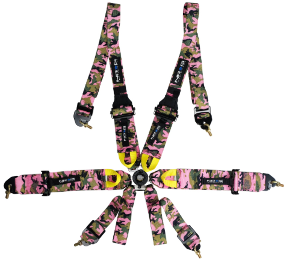 FIA Approved 6pt 2 inch Shoulder Belt for HANS device. Rotary Cam Lock Buckle, 3" Waist Belt and Crutch Belt - Pink Camo
