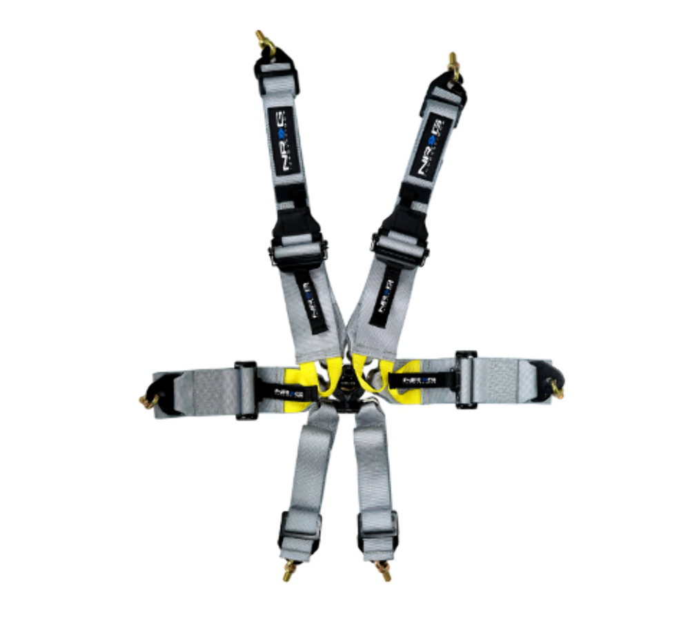 FIA Approved 6pt 2 inch Shoulder Belt for HANS device. Rotary Cam Lock Buckle, 3" Waist Belt and Crutch Belt - Silver