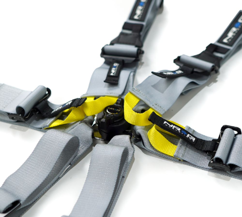 FIA Approved 6pt 2 inch Shoulder Belt for HANS device. Rotary Cam Lock Buckle, 3" Waist Belt and Crutch Belt - Silver