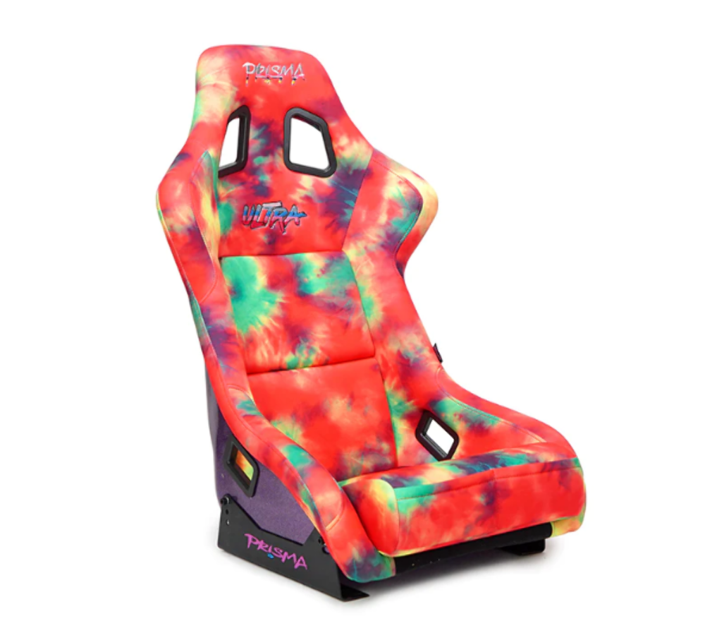 FRP Bucket Seat PRISMA- 60's Tie Dye Edition in vegan mateirla with Purple pealized black plus phone pockets. (Medium)