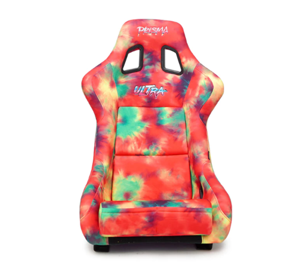 FRP Bucket Seat PRISMA- 60's Tie Dye Edition in vegan mateirla with Purple pealized black plus phone pockets. (Medium)