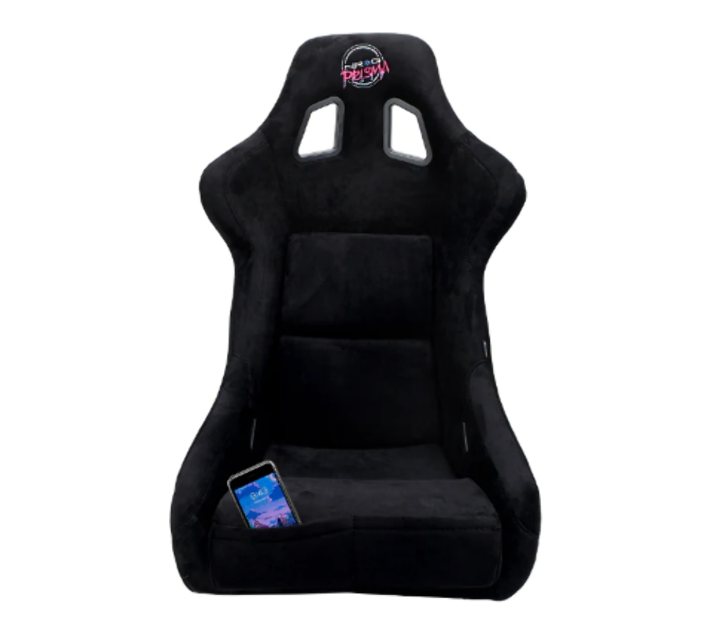 FRP Bucket Seat PRISMA Edition with pearlized back. All Black alcantara vegan material. (Medium)