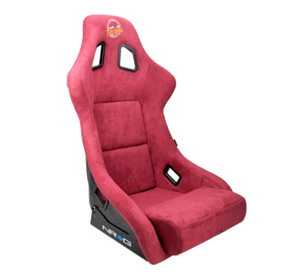 FRP Bucket Seat PRISMA Edition with pearlized back. All Maroon alcantara vegan material w/ phone pockets. (Medium)