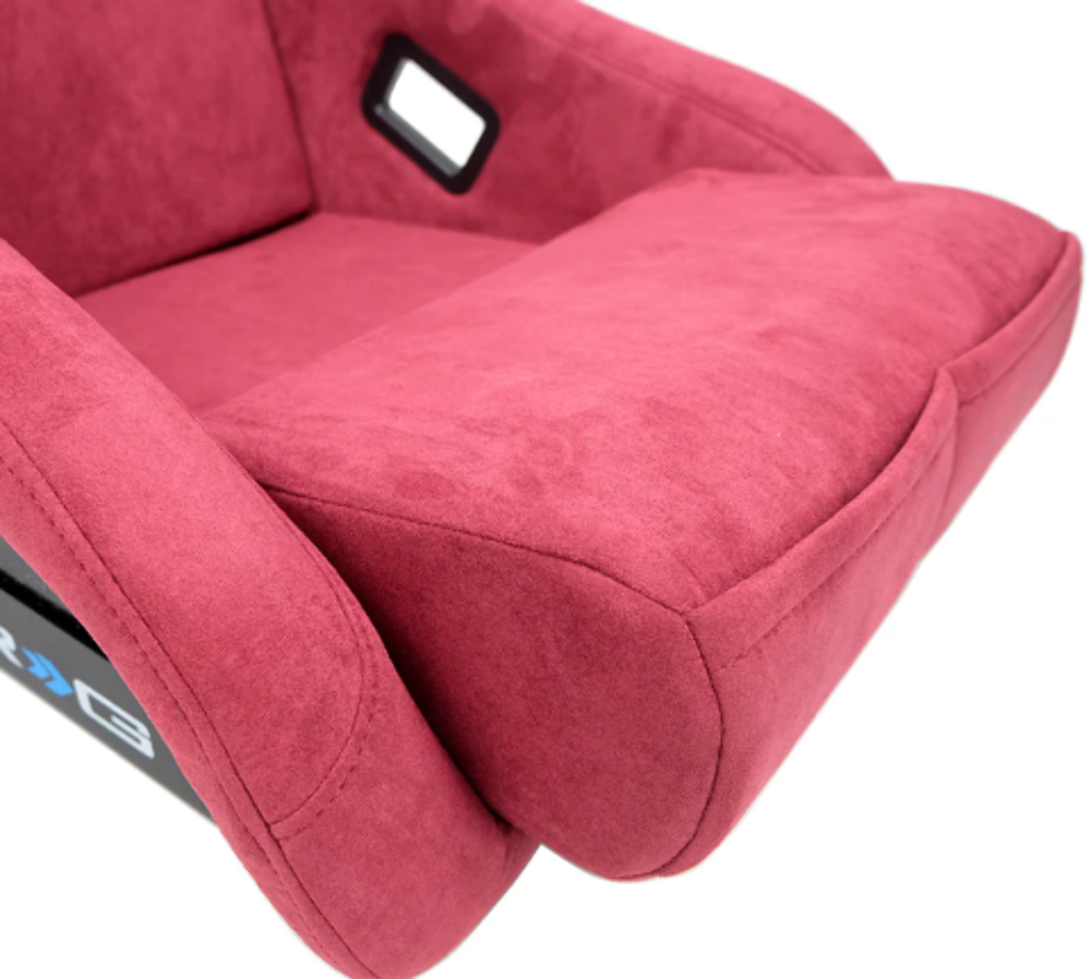 FRP Bucket Seat PRISMA Edition with pearlized back. All Maroon alcantara vegan material w/ phone pockets. (Medium)
