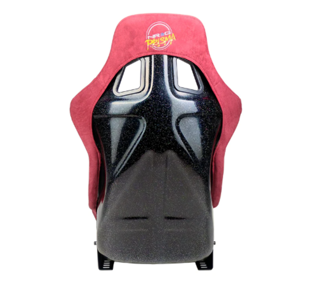 FRP Bucket Seat PRISMA Edition with pearlized back. All Maroon alcantara vegan material w/ phone pockets. (Medium)