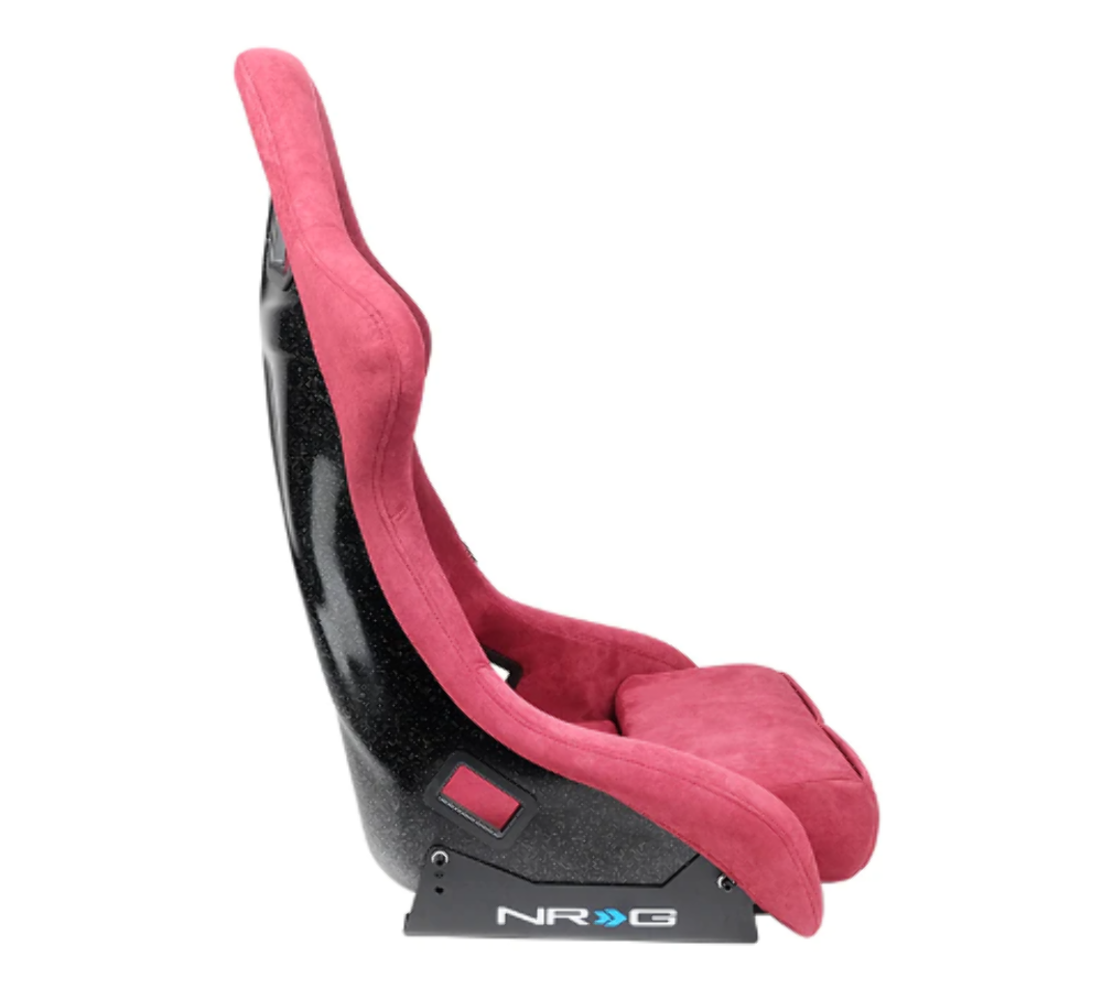 FRP Bucket Seat PRISMA Edition with pearlized back. All Maroon alcantara vegan material w/ phone pockets. (Medium)