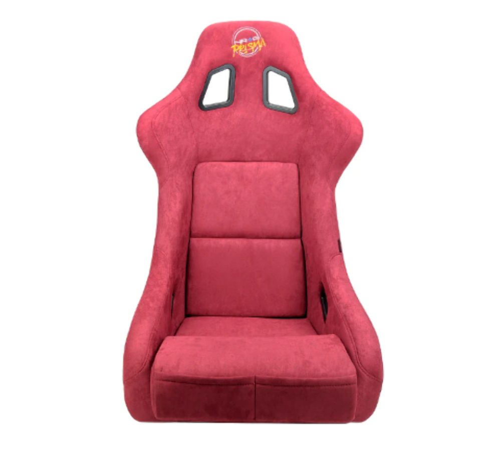 FRP Bucket Seat PRISMA Edition with pearlized back. All Maroon alcantara vegan material w/ phone pockets. (Medium)