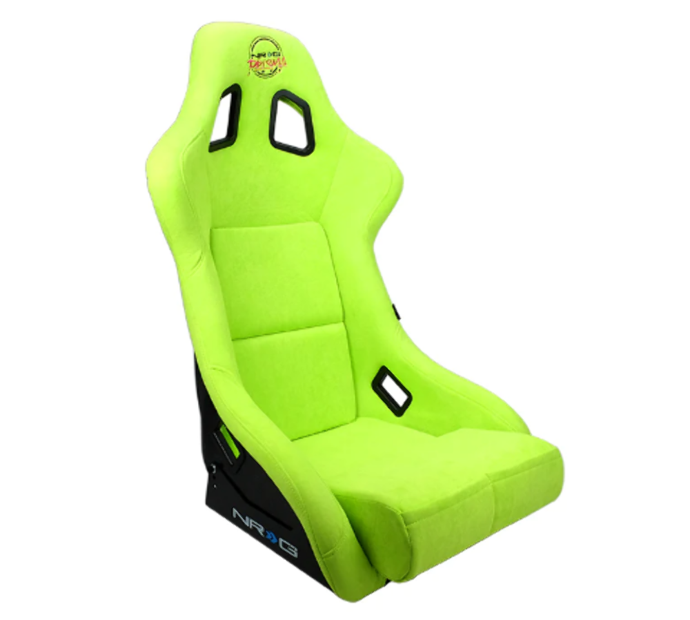 FRP Bucket Seat PRISMA Edition with pearlized back. All Neon Green alcantara vegan material w/ phone pockets. (Medium)