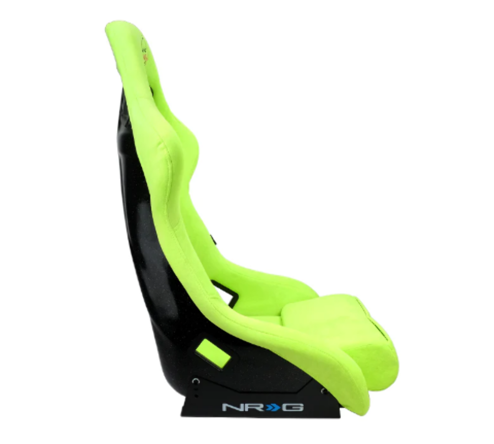 FRP Bucket Seat PRISMA Edition with pearlized back. All Neon Green alcantara vegan material w/ phone pockets. (Medium)