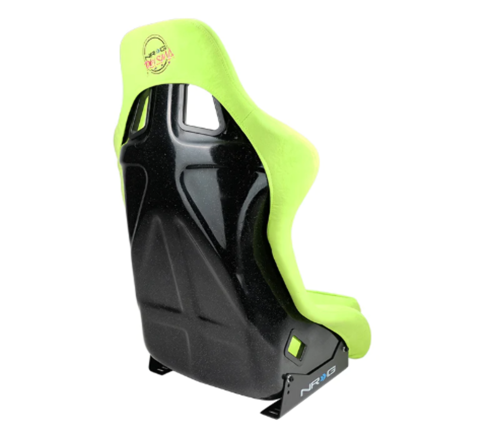 FRP Bucket Seat PRISMA Edition with pearlized back. All Neon Green alcantara vegan material w/ phone pockets. (Medium)
