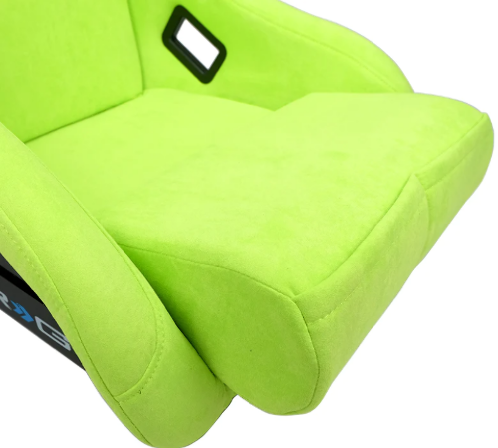 FRP Bucket Seat PRISMA Edition with pearlized back. All Neon Green alcantara vegan material w/ phone pockets. (Medium)