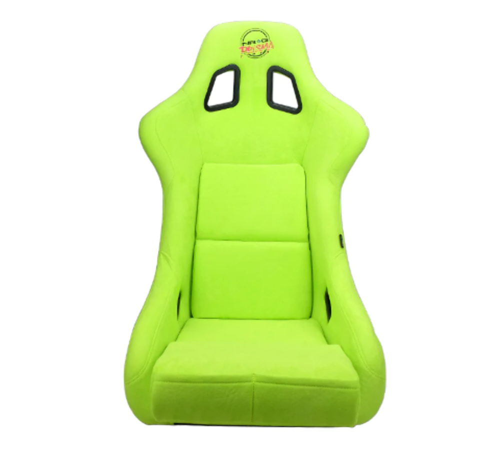 FRP Bucket Seat PRISMA Edition with pearlized back. All Neon Green alcantara vegan material w/ phone pockets. (Medium)