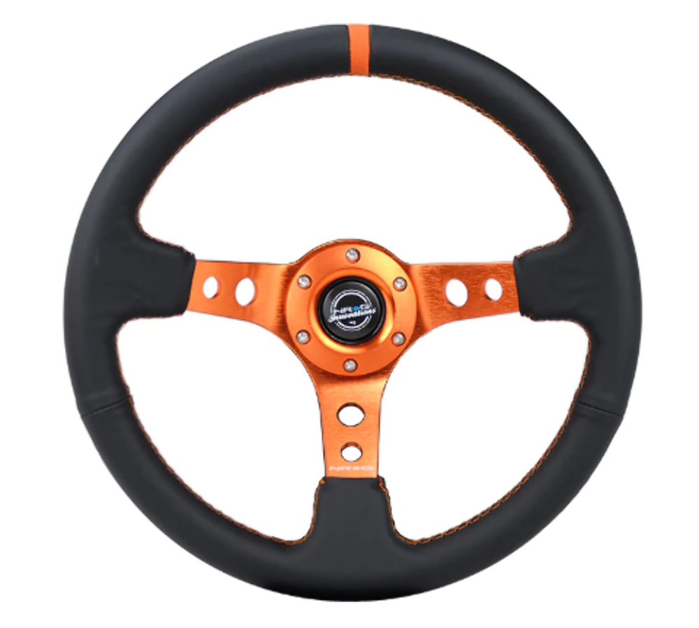 Reinforced Steering Wheel - 350mm Sport Steering Wheel (3" Deep) - Red Spoke w/ Round holes / Black Leather / Yellow Center Mark