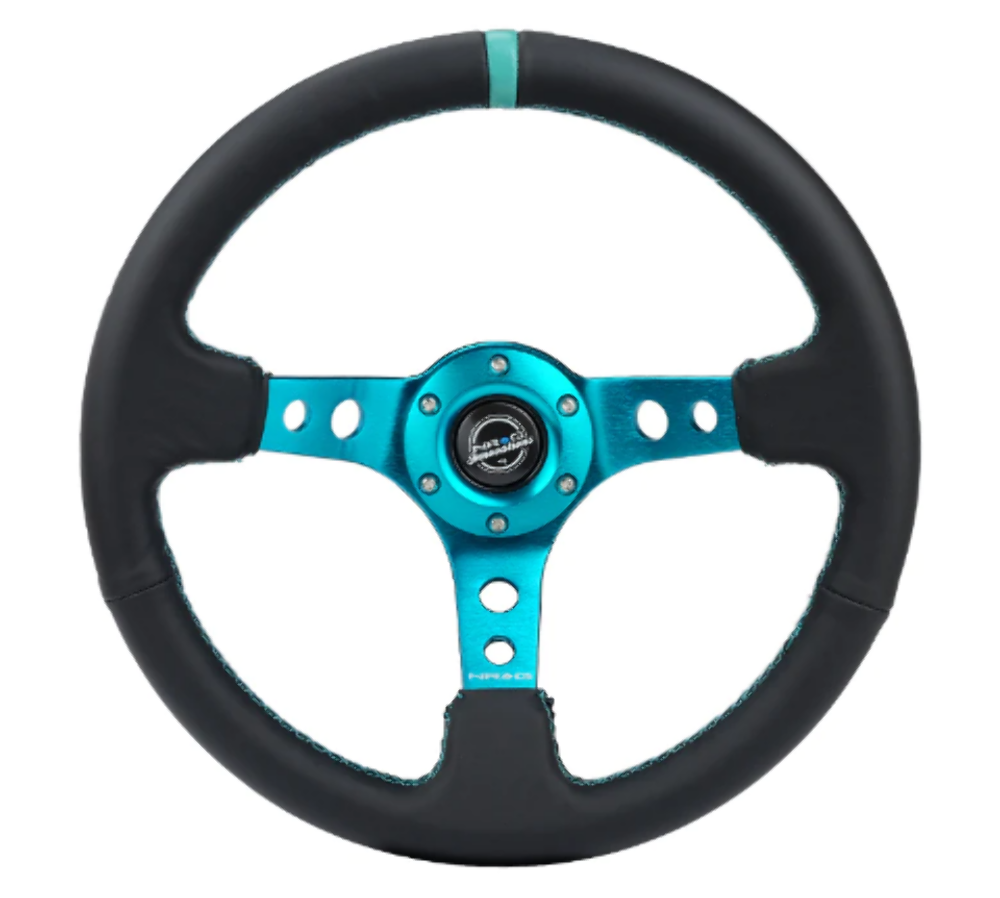 Reinforced Steering Wheel - 350mm Sport Steering Wheel (3" Deep) - Red Spoke w/ Round holes / Black Leather / Yellow Center Mark