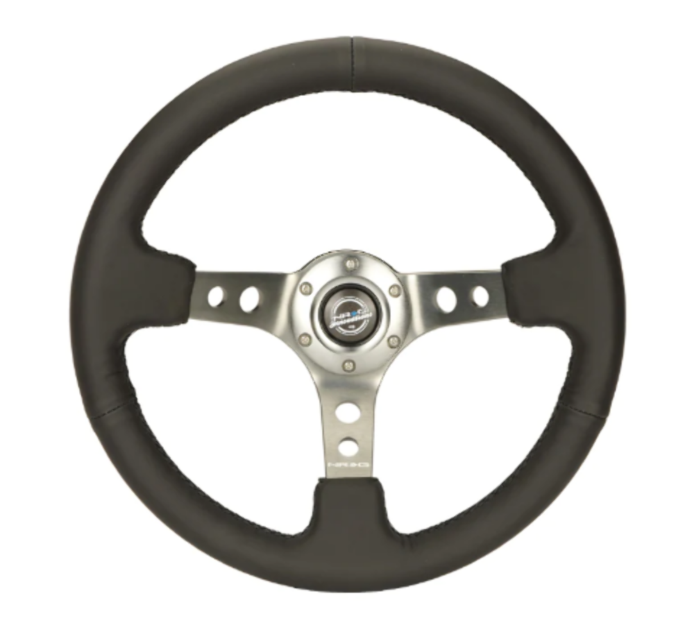 Reinforced Steering Wheel - 350mm Sport Steering Wheel (3" Deep) - Red Spoke w/ Round holes / Black Leather / Yellow Center Mark