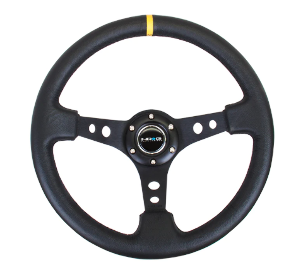 Reinforced Steering Wheel - 350mm Sport Steering Wheel (3" Deep) - Red Spoke w/ Round holes / Black Leather / Yellow Center Mark