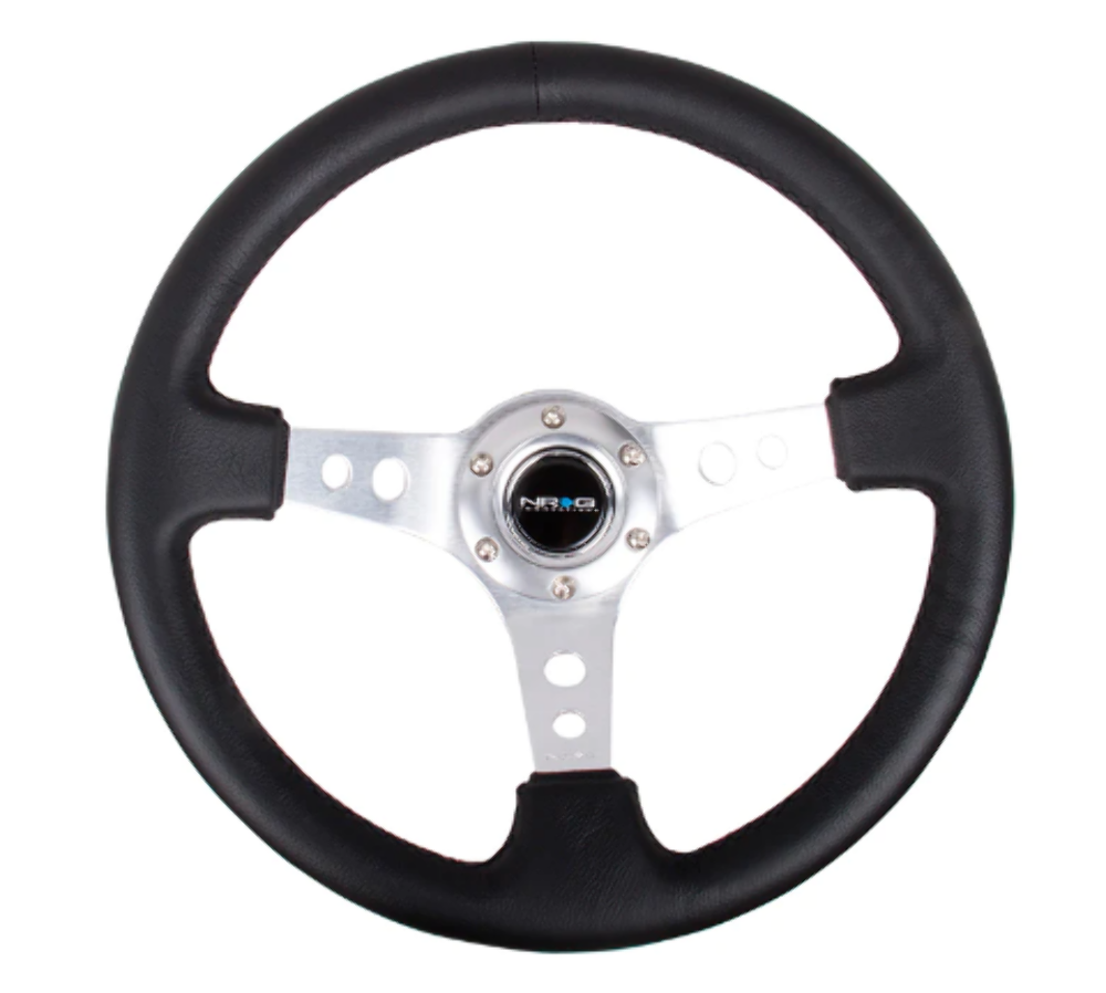 Reinforced Steering Wheel - 350mm Sport Steering Wheel (3" Deep) - SILVER Spoke w/ Round holes / Black Leather