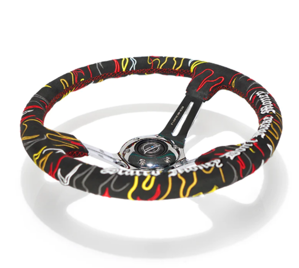 Reinforced Steering Wheel - Ryan Litteral Signature 3" Deep, 5 mm chrome spoke with slit spokes. Black Alcantara, Red Stitching, Flame Embroidery"Scare Money Don't Make Money" Finish.