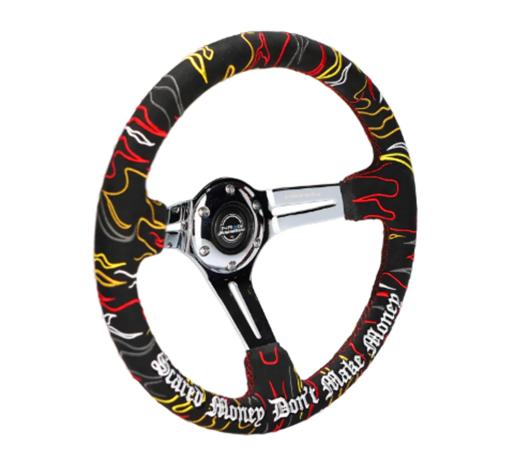 Reinforced Steering Wheel - Ryan Litteral Signature 3" Deep, 5 mm chrome spoke with slit spokes. Black Alcantara, Red Stitching, Flame Embroidery"Scare Money Don't Make Money" Finish.
