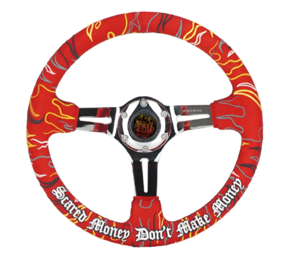 Reinforced Steering Wheel - Ryan Litteral Signature 3" Deep, 5 mm chrome spoke with slit spokes. Red Alcantara, Red Stitching, Flame Embroidery"Scare Money Don't Make Money" Finish.