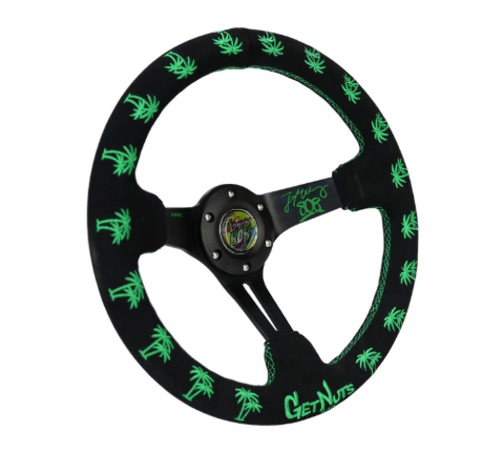 Reinforced Steering Wheel - Forrest Wang Signature 3" Deep, 5mm Solid Signature Spoke, 350mm Sport Steering Wheel Black Suede w/ Green Palm Trees