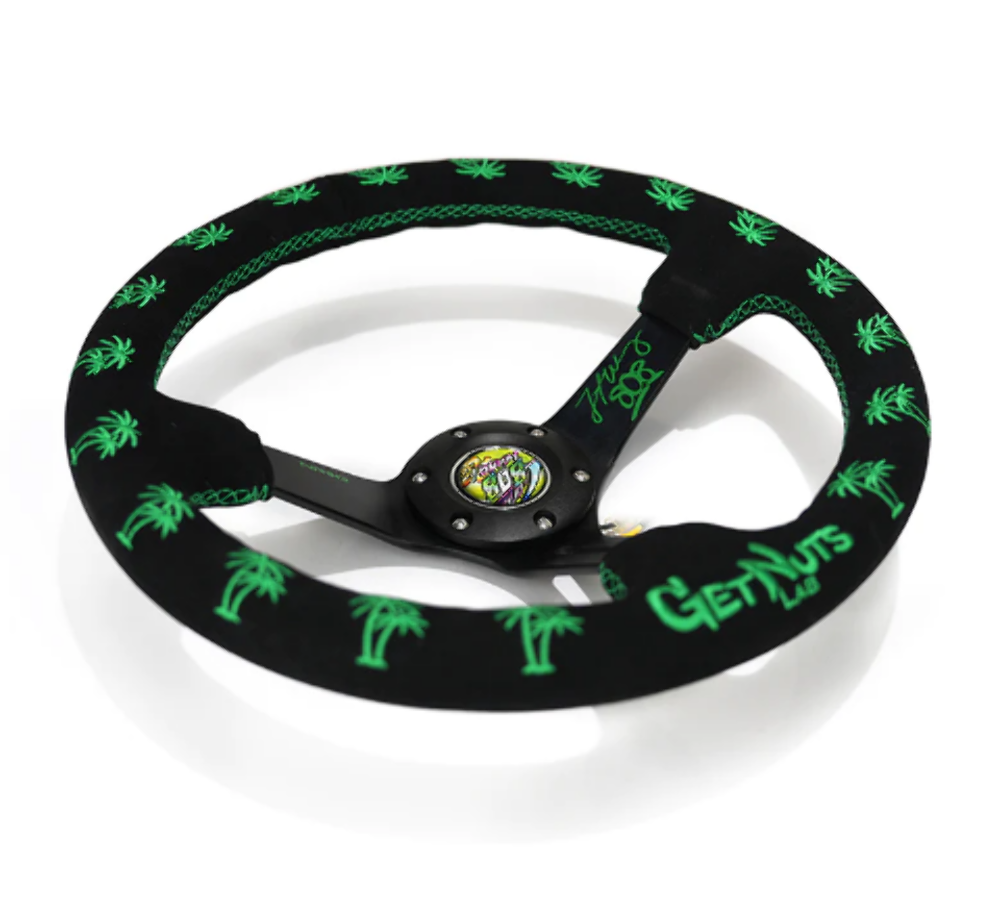 Reinforced Steering Wheel - Forrest Wang Signature 3" Deep, 5mm Solid Signature Spoke, 350mm Sport Steering Wheel Black Suede w/ Green Palm Trees
