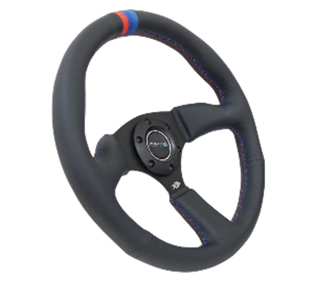 Reinforced Steering Wheel - 350mm Sport Leather Racing ( 2.5" Deep) Comfort Grip, 4mm matte black spoke with m3 stitching and line