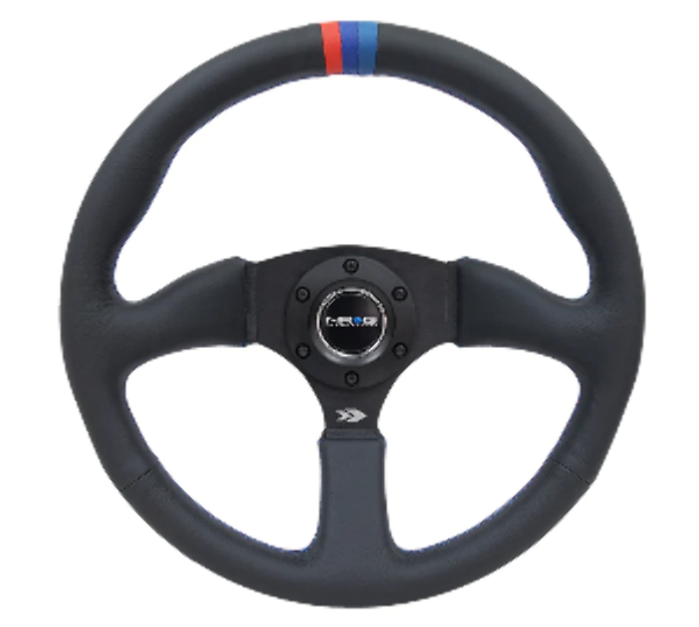 Reinforced Steering Wheel - 350mm Sport Leather Racing ( 2.5" Deep) Comfort Grip, 4mm matte black spoke with m3 stitching and line