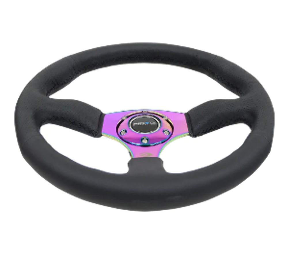 Reinforced Steering Wheel - 350mm Sport Leather Racing ( 2.5" Deep) Comfort Grip, 4mm matte black spoke with m3 stitching and line