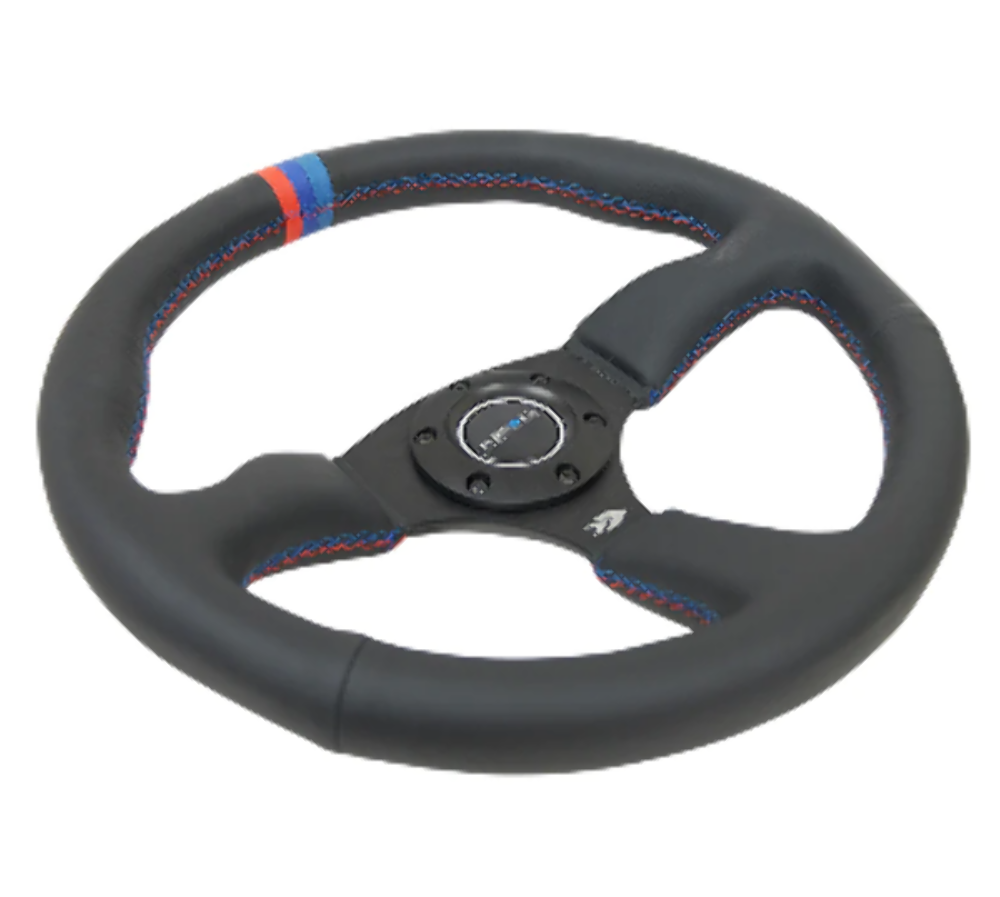 Reinforced Steering Wheel - 350mm Sport Leather Racing ( 2.5" Deep) Comfort Grip, 4mm matte black spoke with m3 stitching and line