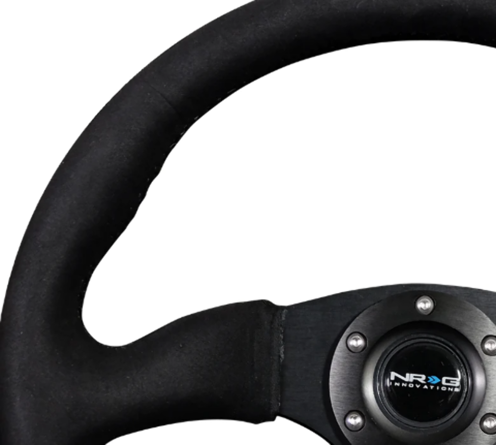 Reinforced Steering Wheel - 350mm Sport Leather Racing ( 2.5" Deep) Comfort Grip, 4mm matte black spoke with Alcantara finish