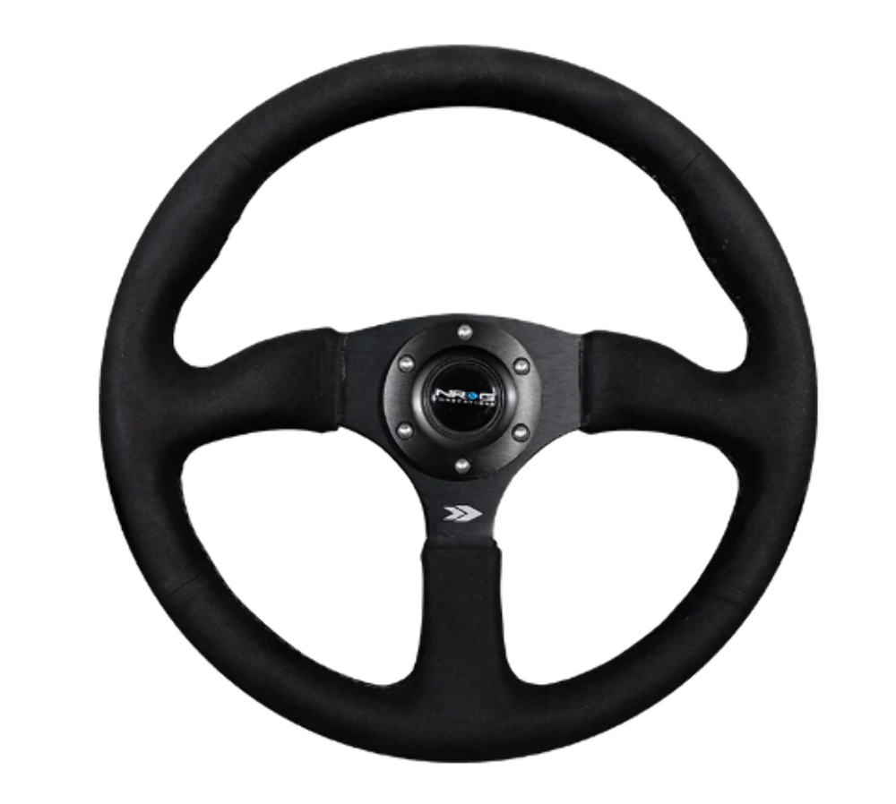 Reinforced Steering Wheel - 350mm Sport Leather Racing ( 2.5" Deep) Comfort Grip, 4mm matte black spoke with Alcantara finish
