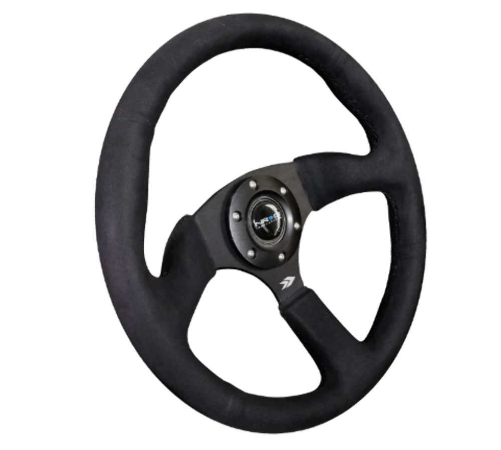 Reinforced Steering Wheel - 350mm Sport Leather Racing ( 2.5" Deep) Comfort Grip, 4mm matte black spoke with Alcantara finish